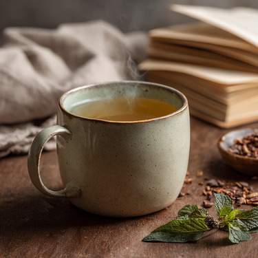 A steaming cup of 🍃 Cocomint Green Tea – Limited Release Chocolate Mint Green Tea sits on a wooden table beside fresh mint leaves, loose tea, and an open book, creating a cozy and relaxing scene.